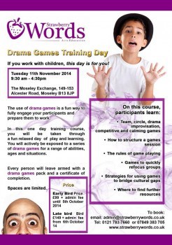 An illustration of the flyer by solopress for the strawberry word drama games training day